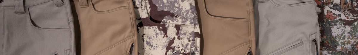 Tactical pants in tan, grey, and distinct camo patterns, with visible zippered pockets.