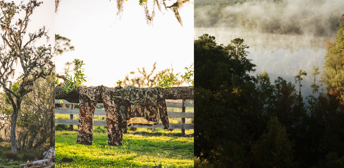 Brown/green camouflage long-sleeve shirt and pants hanging on a branch.