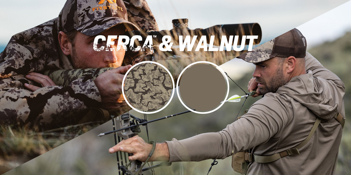 Hunting apparel in CERCA camouflage and WALNUT brown, displayed on hunters with swatches.