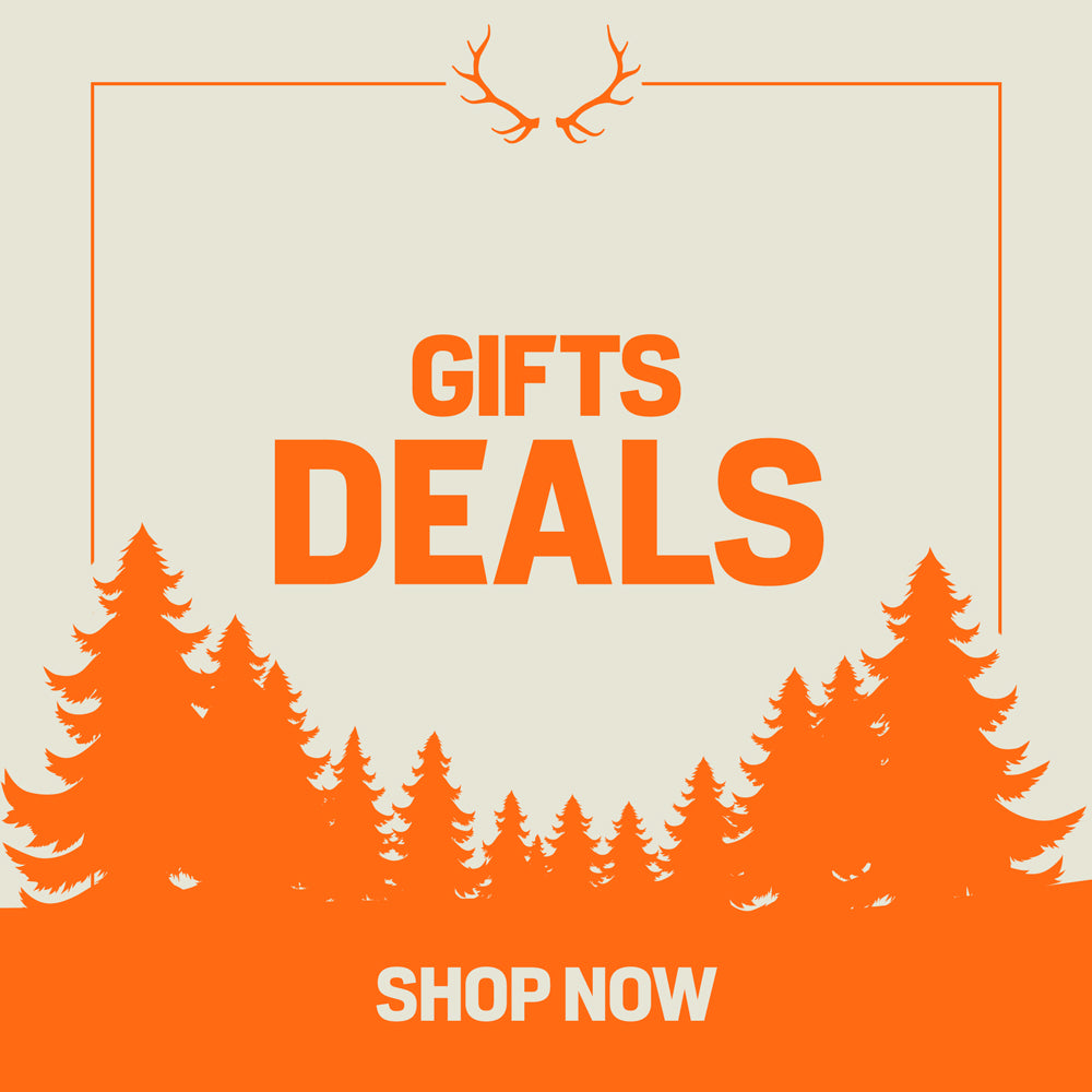 Orange 'Gifts Deals Shop Now' banner with antlers, border, and pine trees on a beige background.