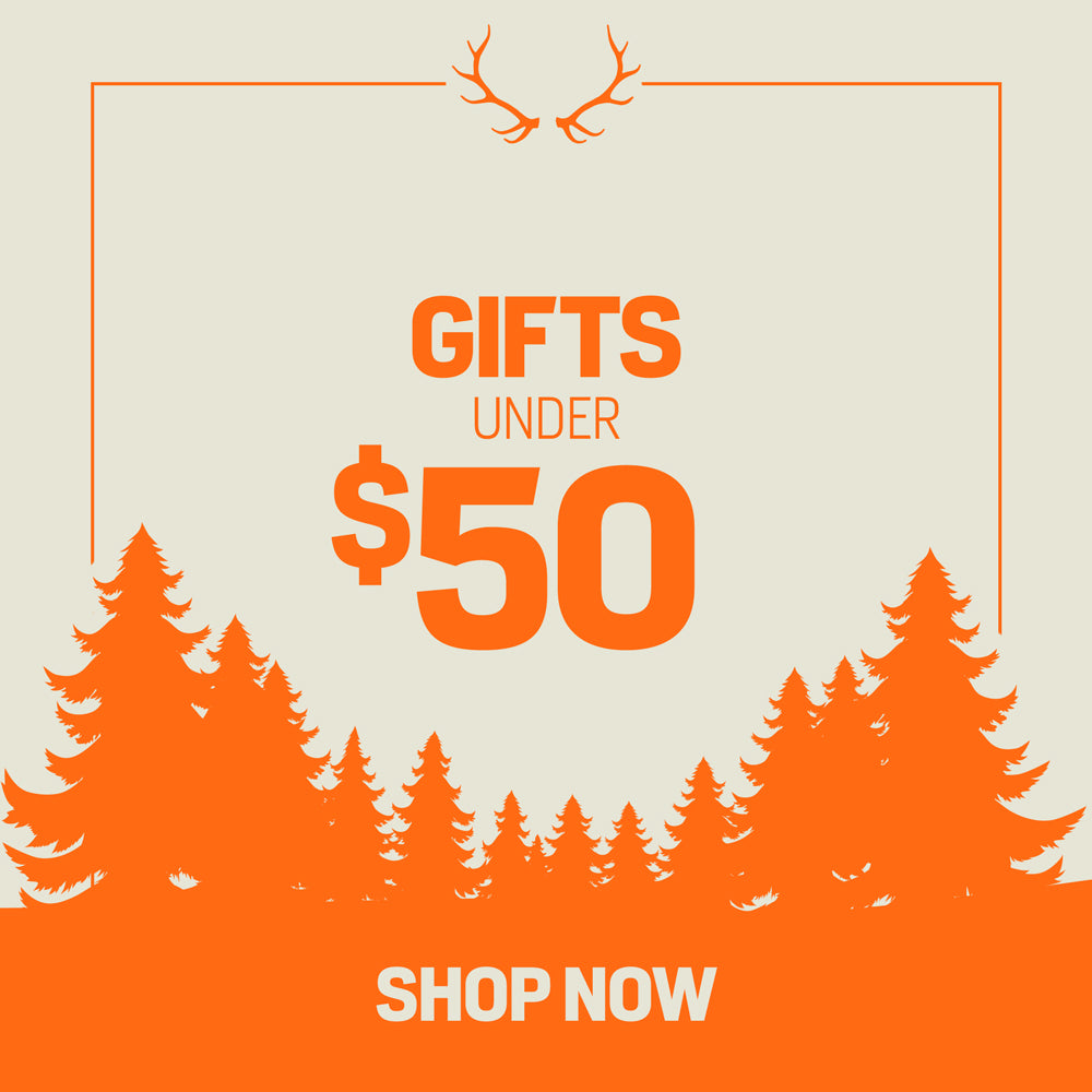 Orange ad: Gifts Under $50, with antlers, pine trees, and Shop Now.