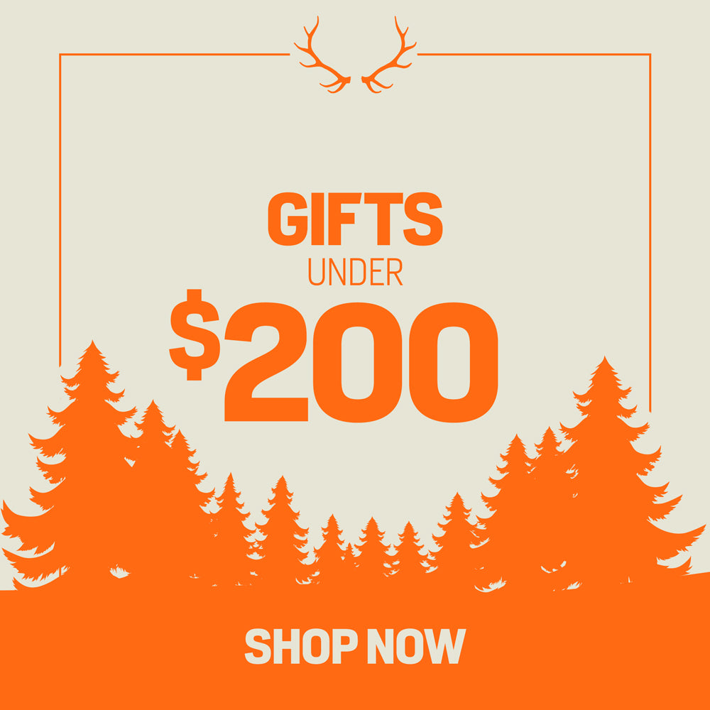 Tan banner with orange text "Gifts Under $200", antlers, pine trees, and "Shop Now".