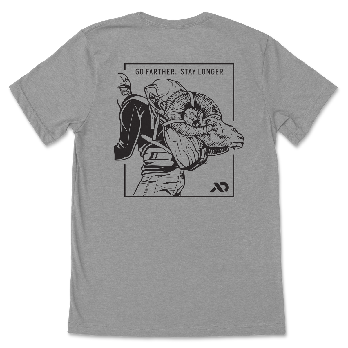 Grey t-shirt with a black graphic on the back: a framed illustration of a person carrying a bighorn ram, topped by the text 'GO FARTHER. STAY LONGER'.