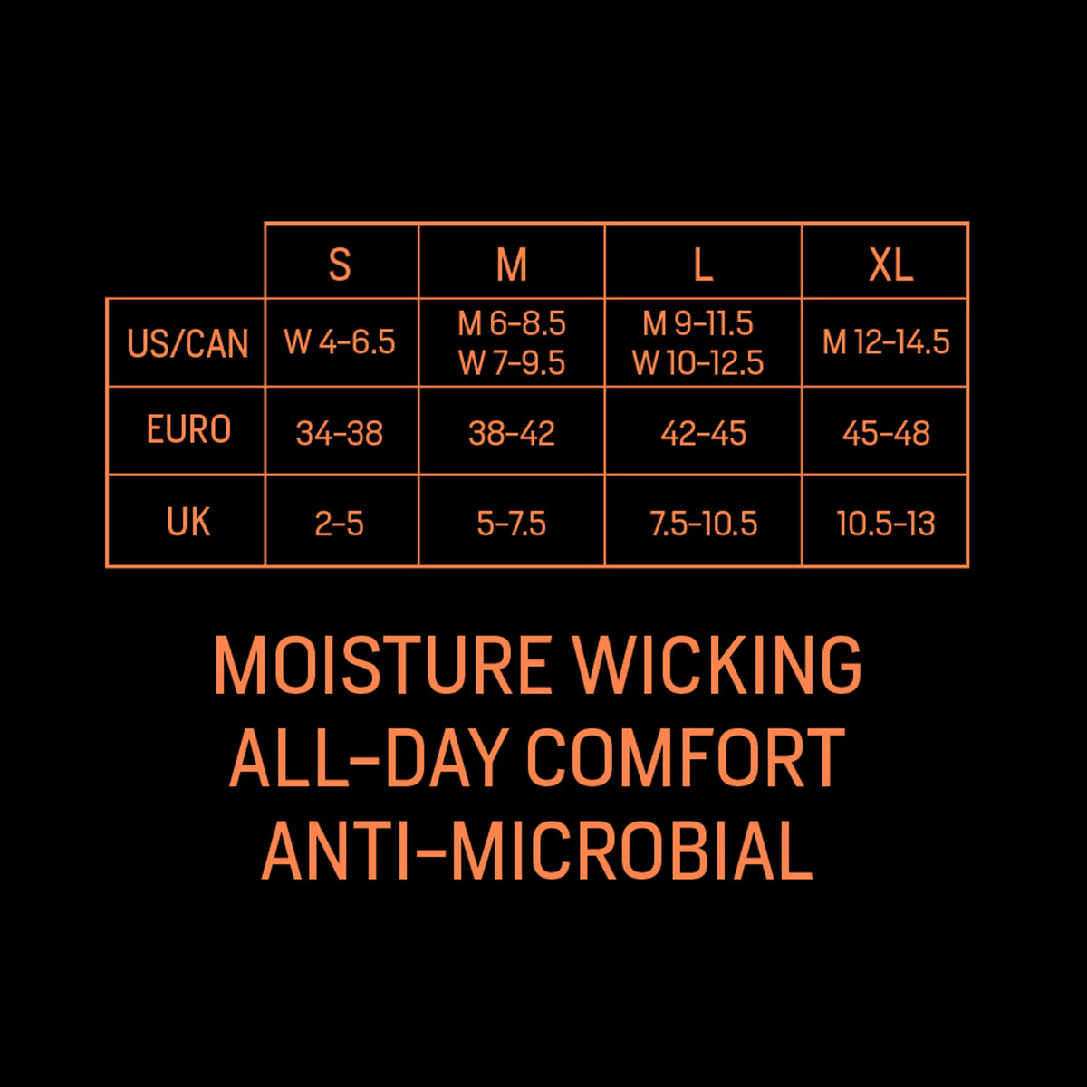 An orange and black graphic displaying a clothing size chart (S, M, L, XL in US/CAN, EURO, UK sizes) and product features: moisture wicking, all-day comfort, anti-microbial.