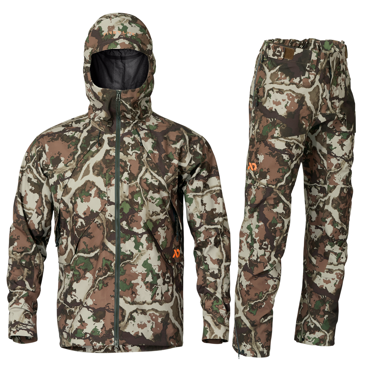 A camouflage hooded jacket and matching pants set shown on a plain white background. The pattern mixes brown, green, beige, and black in a camo print, with a small orange logo on the chest.
