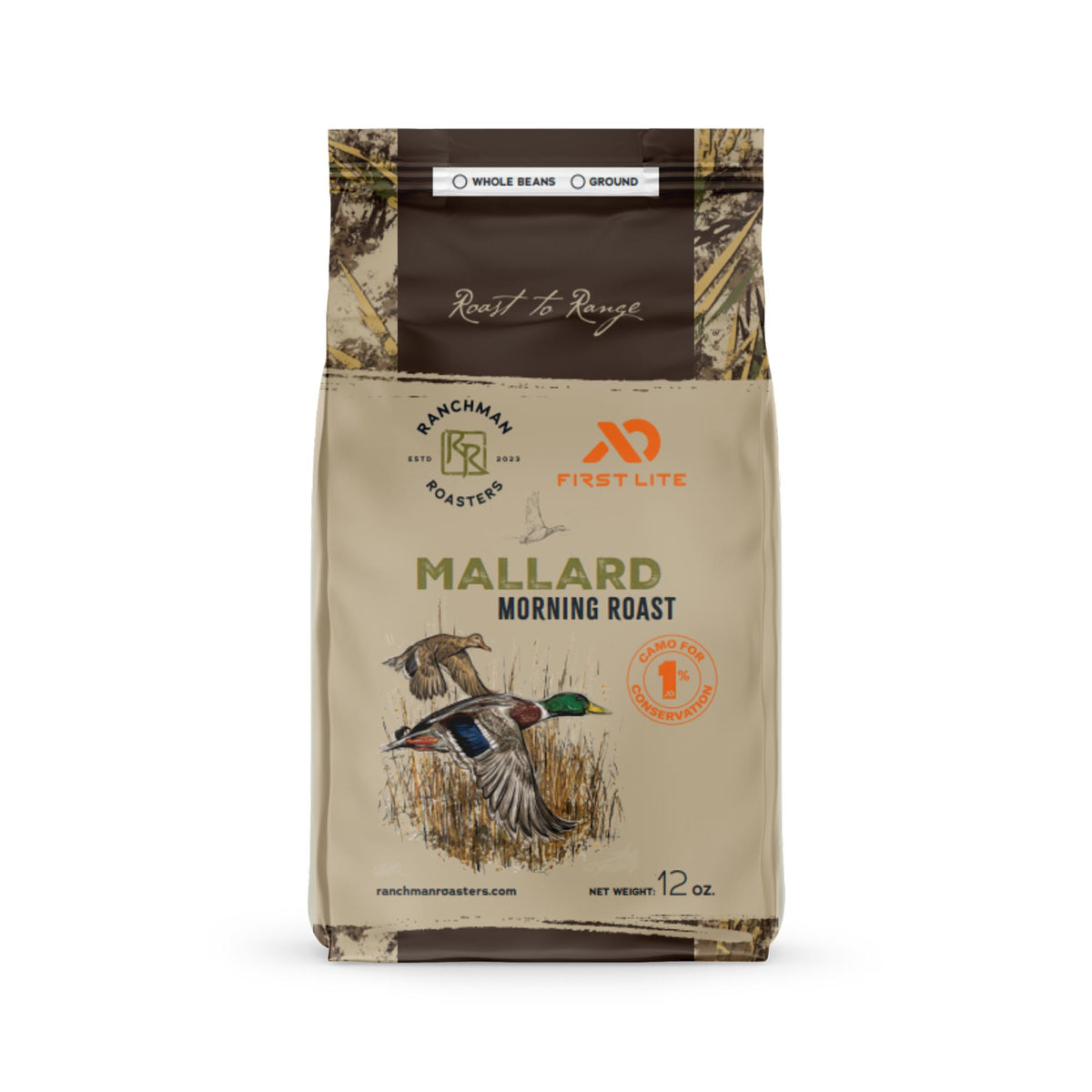 Coffee bag with duck illustration and branding on a beige background