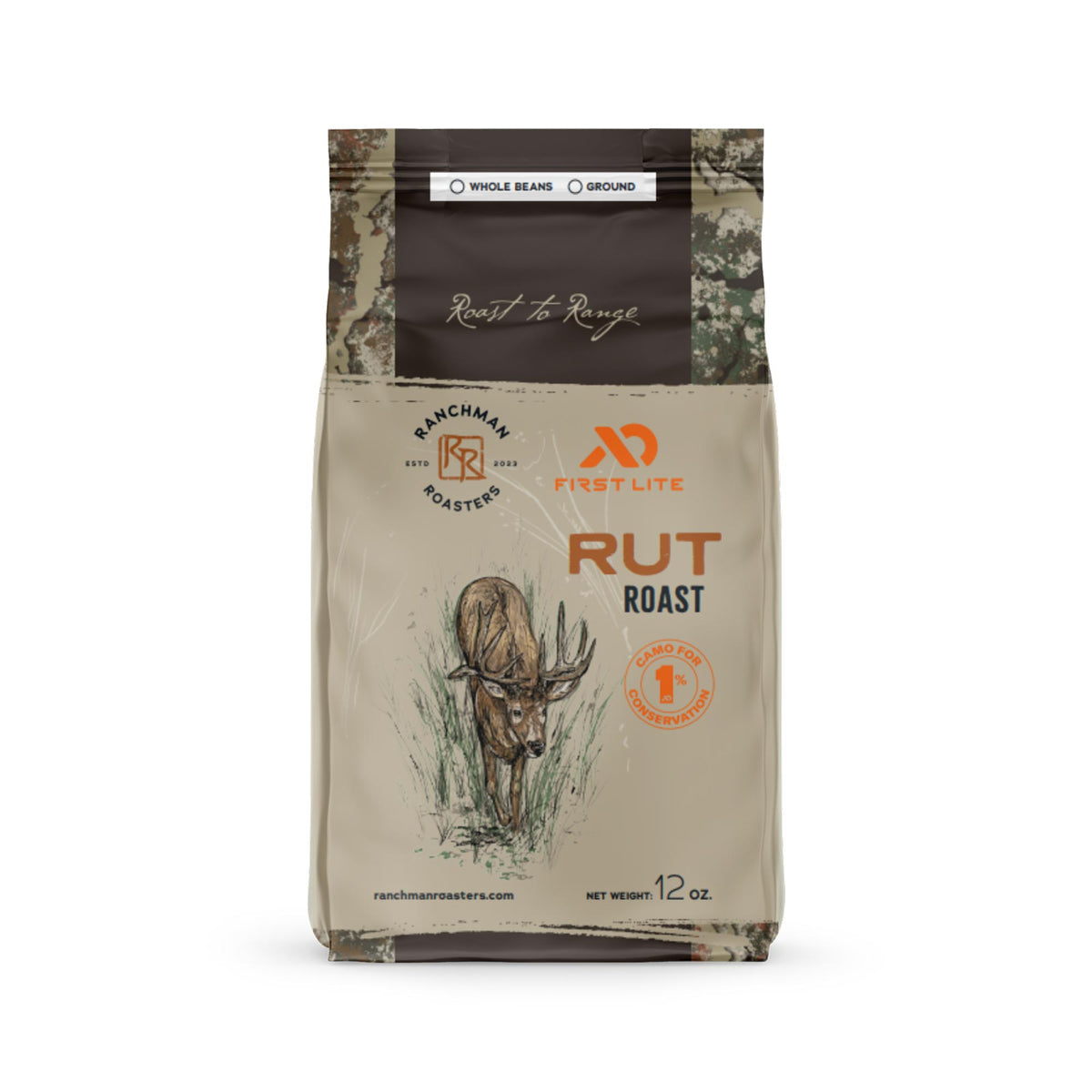 Coffee bag labeled 'Rut Roast' with a deer illustration on a white background