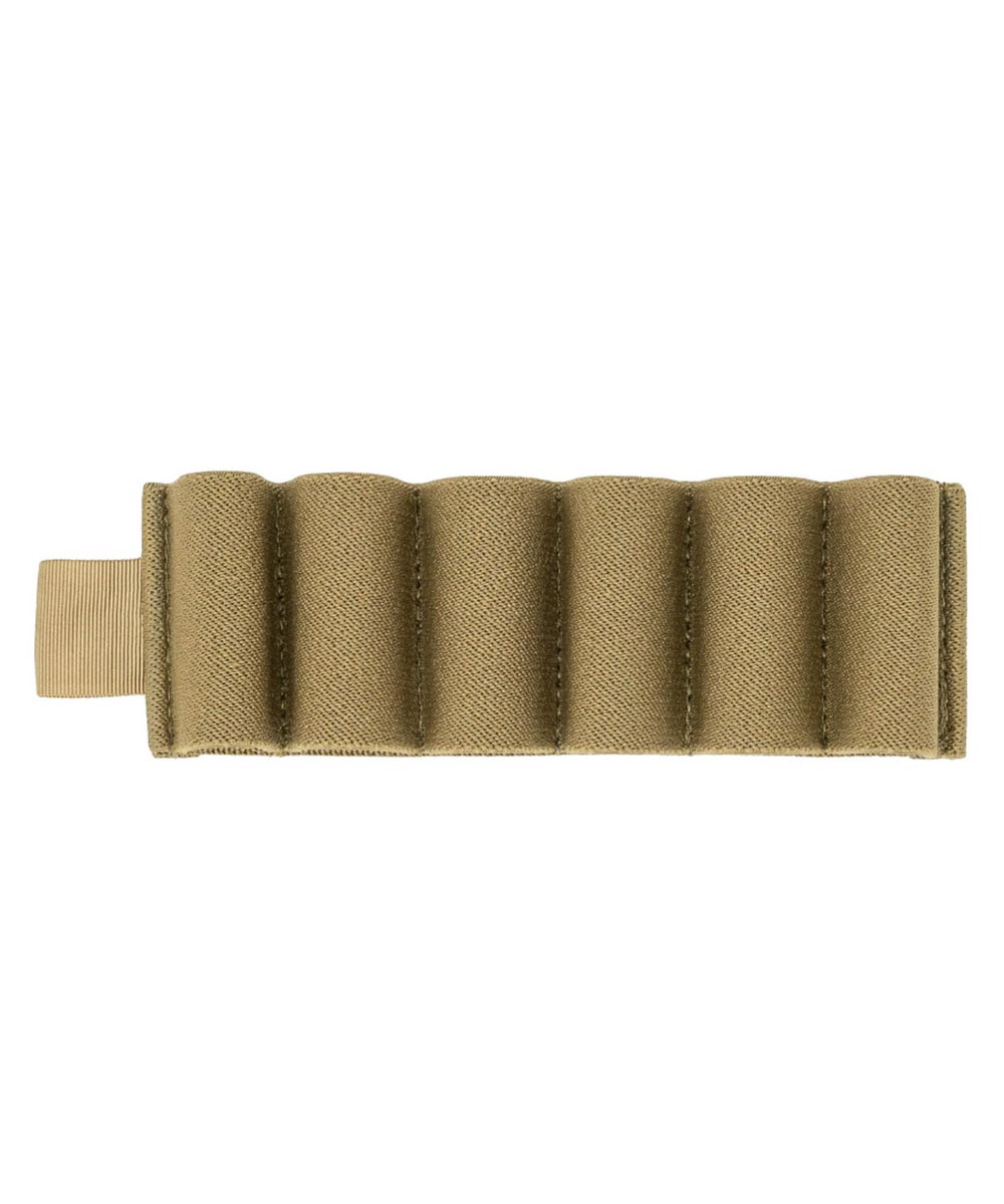 Tan fabric shotgun shell holder with six elastic loops and a webbed attachment tab.
