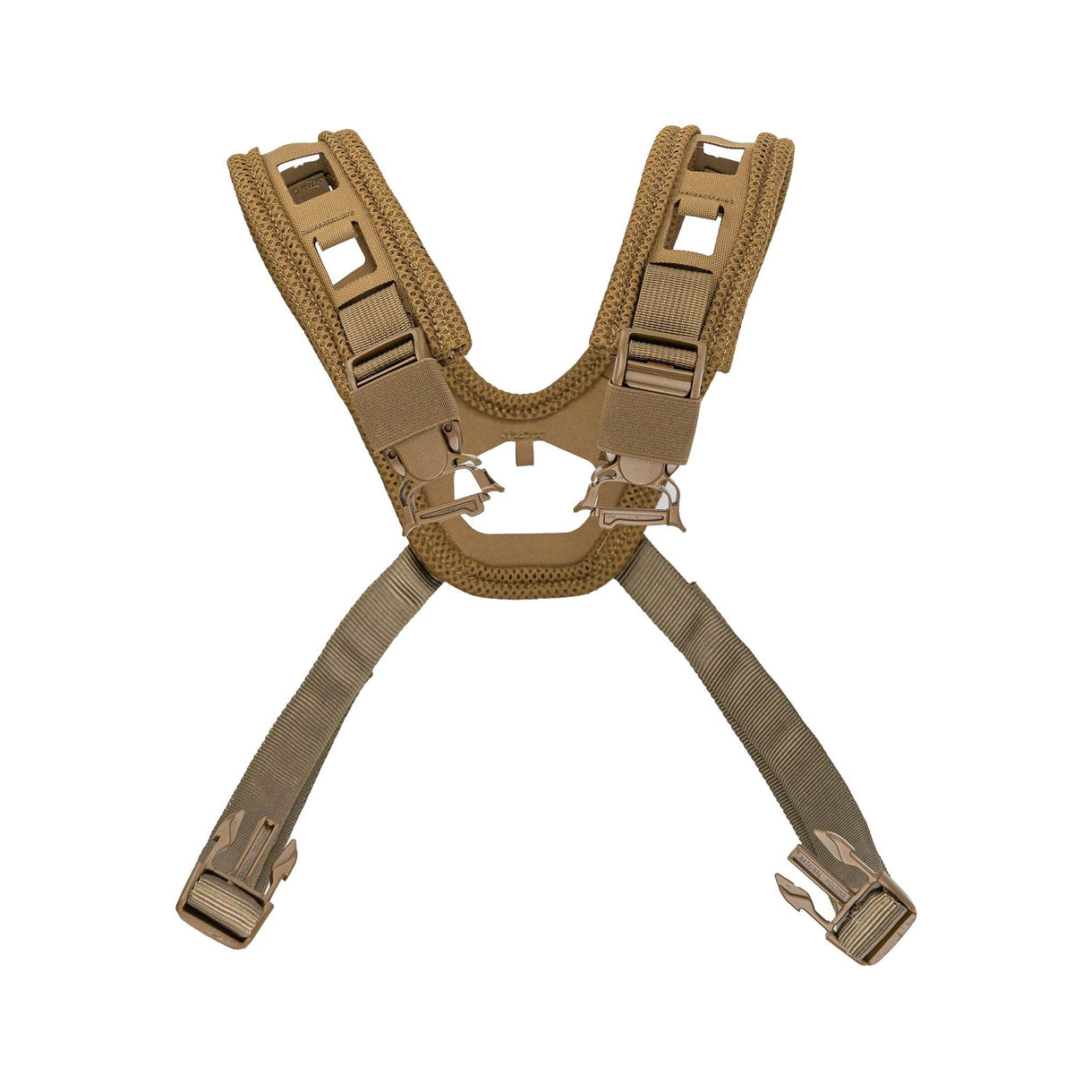 Coyote tan load-bearing suspenders with padded shoulder straps, multiple attachment slots, and four quick-release buckles.