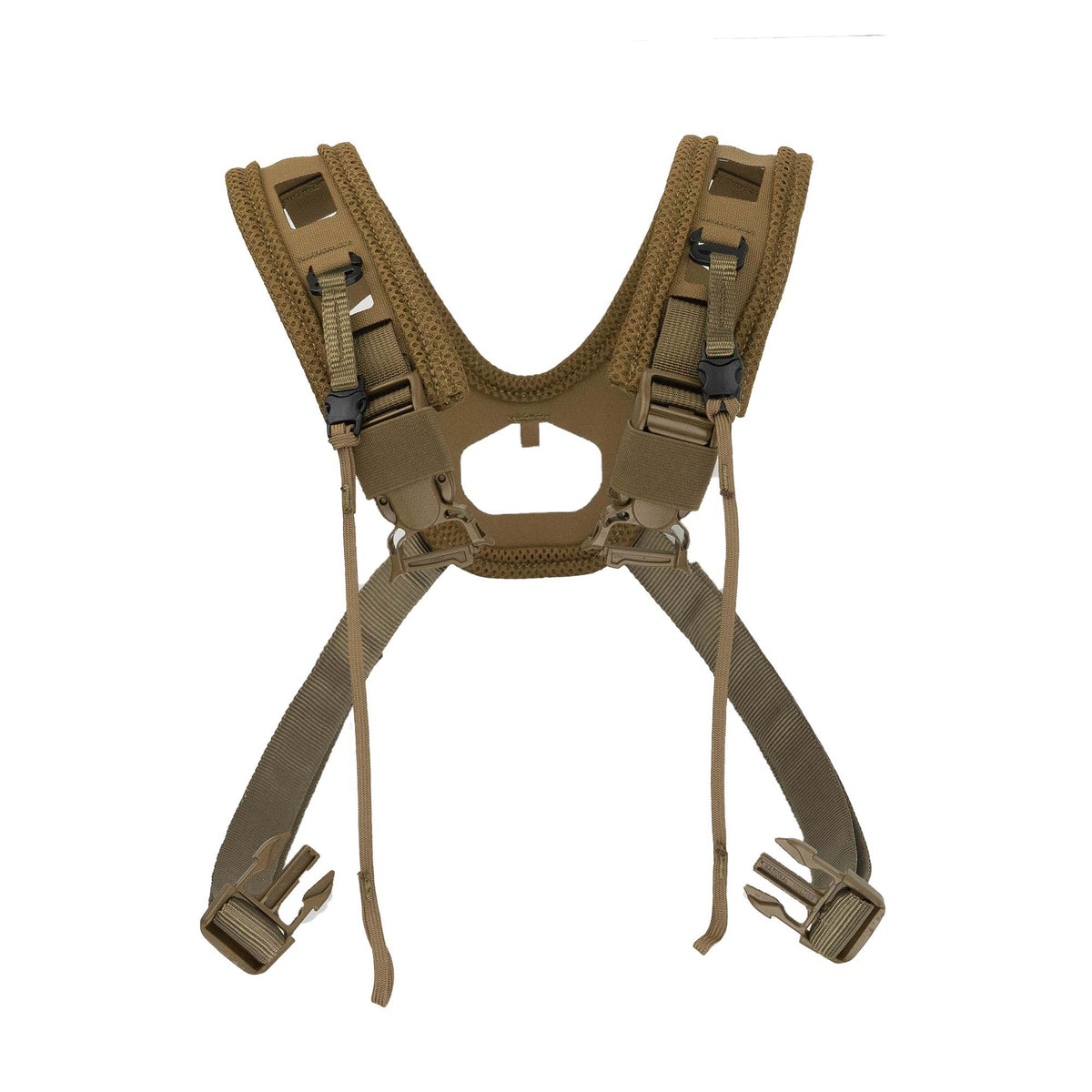 Coyote brown tactical vest shoulder harness with padded mesh straps, adjustment buckles, and a central connection point.