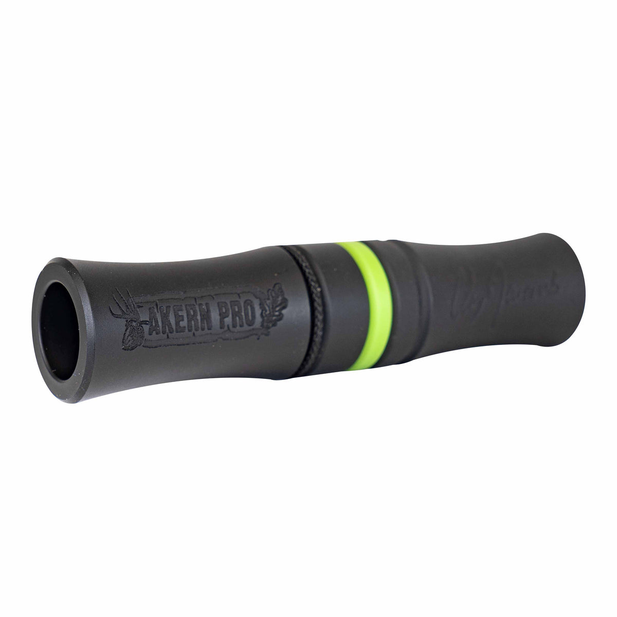 Black duck call with 'AKERN PRO' text, a deer head logo, and a lime green band.