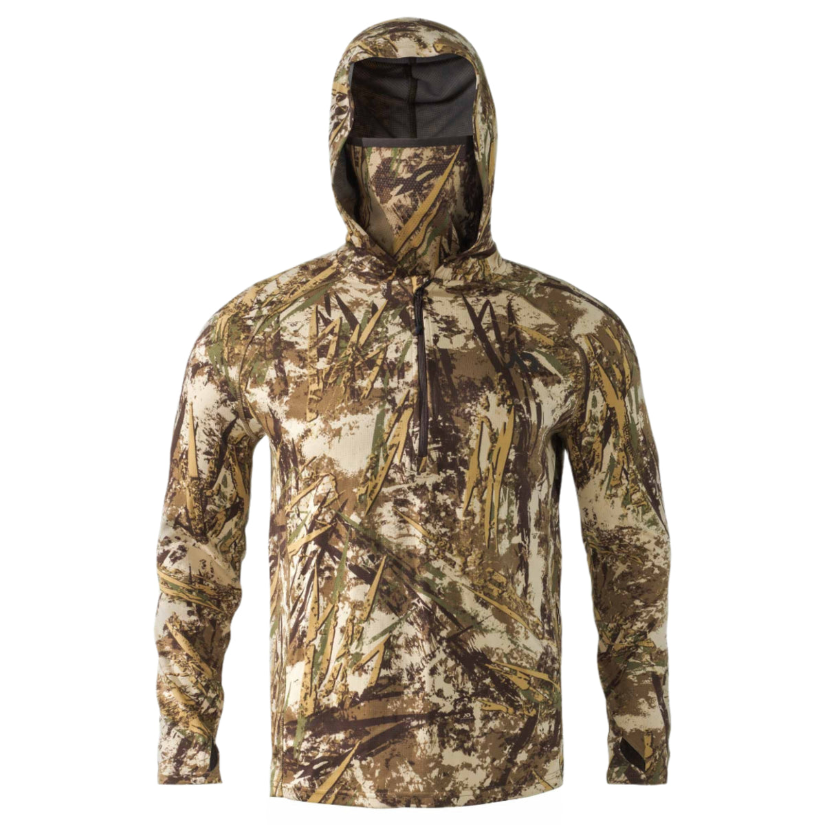 Brown and green camouflage long-sleeve hoodie with an integrated face mask and quarter-zip collar.