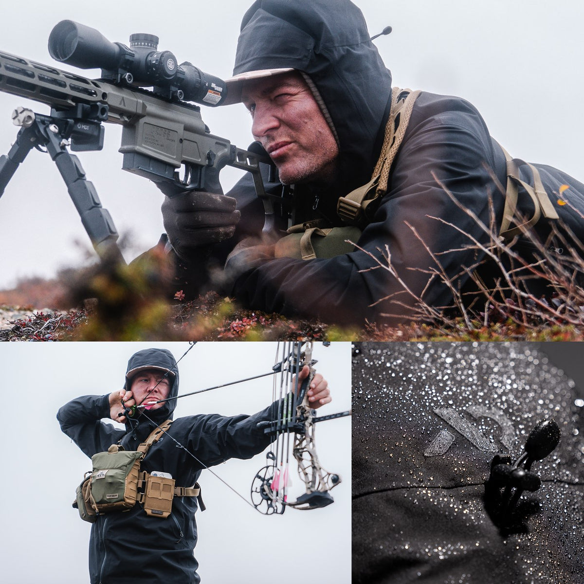 A three-panel collage showing a man outdoors in hunting apparel: lying prone with a rifle on a tripod, drawing a compound bow, and a close-up of a black waterproof jacket covered in raindrops. The product appears to be outdoor hunting gear, with the jacket featured.