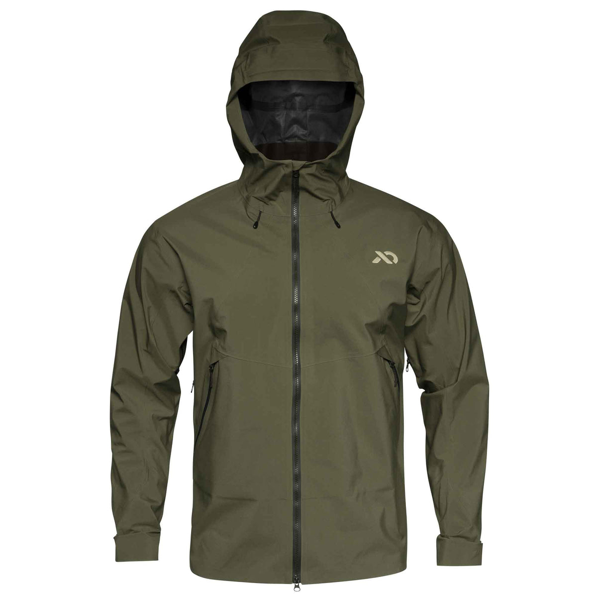 An olive green hooded Borah rain jacket, shown on a plain white background. A small white First Lite logo is visible on the left chest.