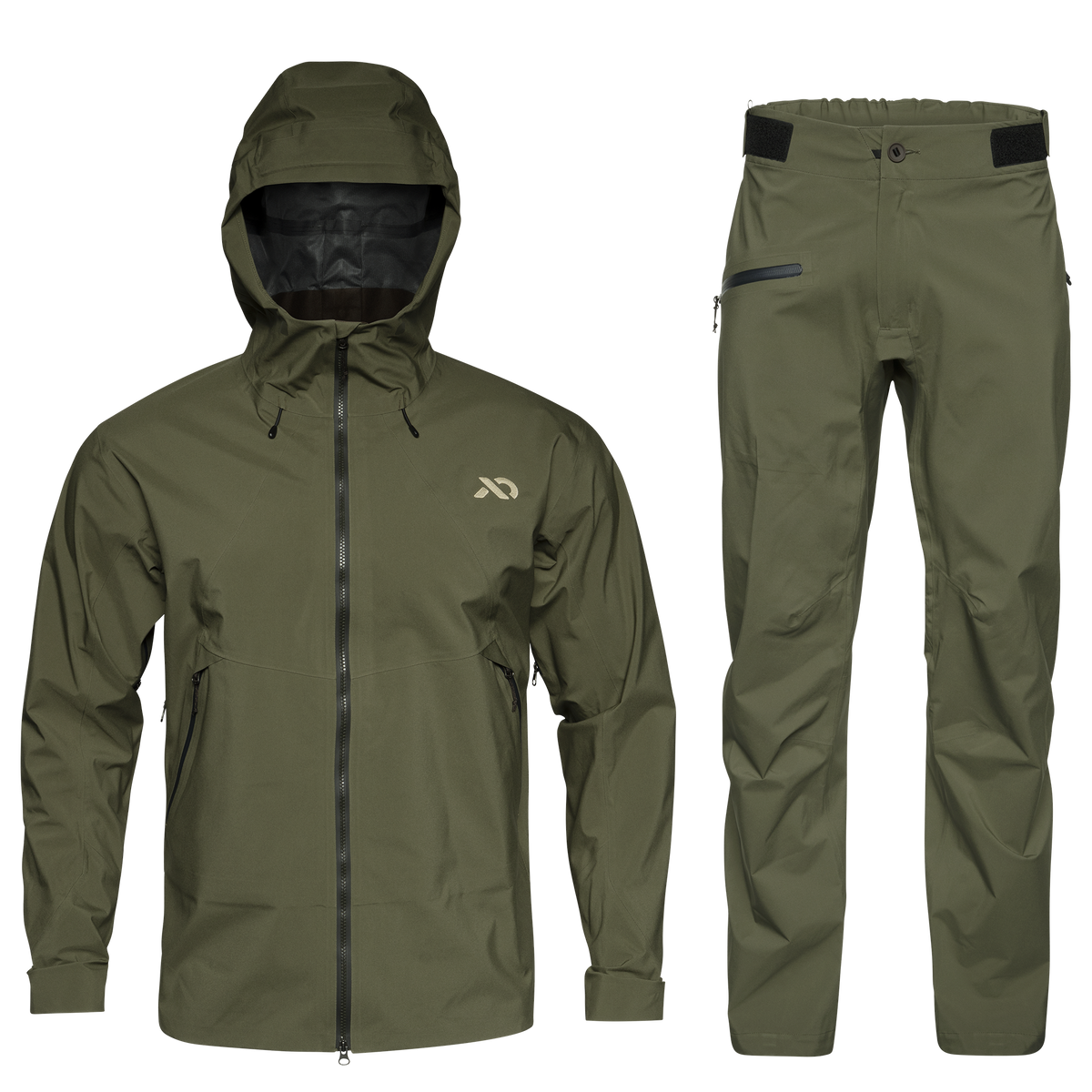 An olive green outdoor apparel set consisting of a hooded zip-front jacket and matching pants, shown on a plain white background.