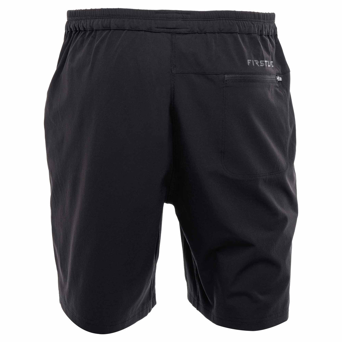 Black shorts with a brand logo on a white background