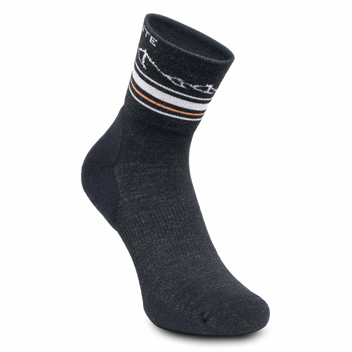 Dark gray sock with white and orange stripes on a white background