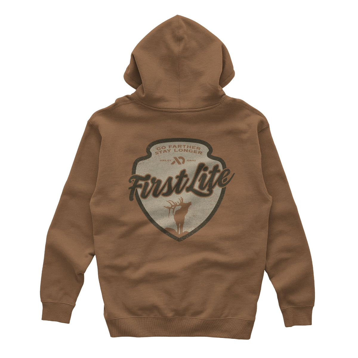 Brown hoodie featuring "First Lite" in the center and "Go Farther Stay Longer" with a deer below