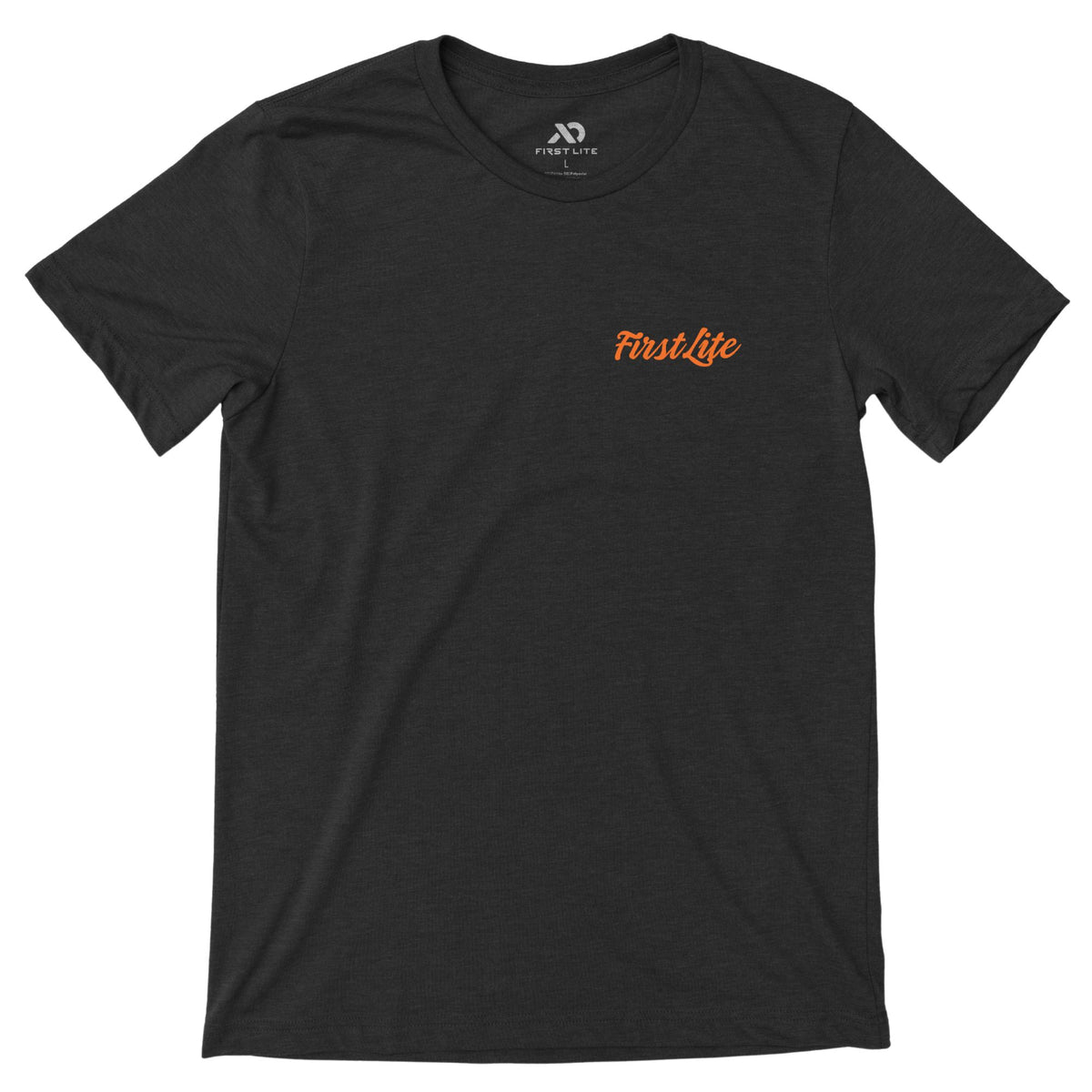 Dark heather gray T-Shirt with orange 'FIRST LITE' on the left chest