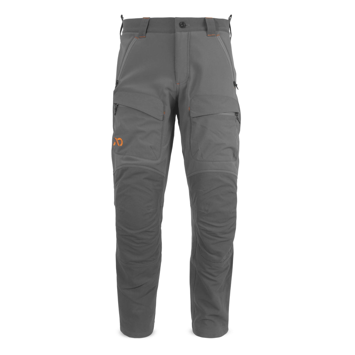 Grey outdoor pants with orange stitching, multiple zippered pockets, an orange logo, and reinforced knees.