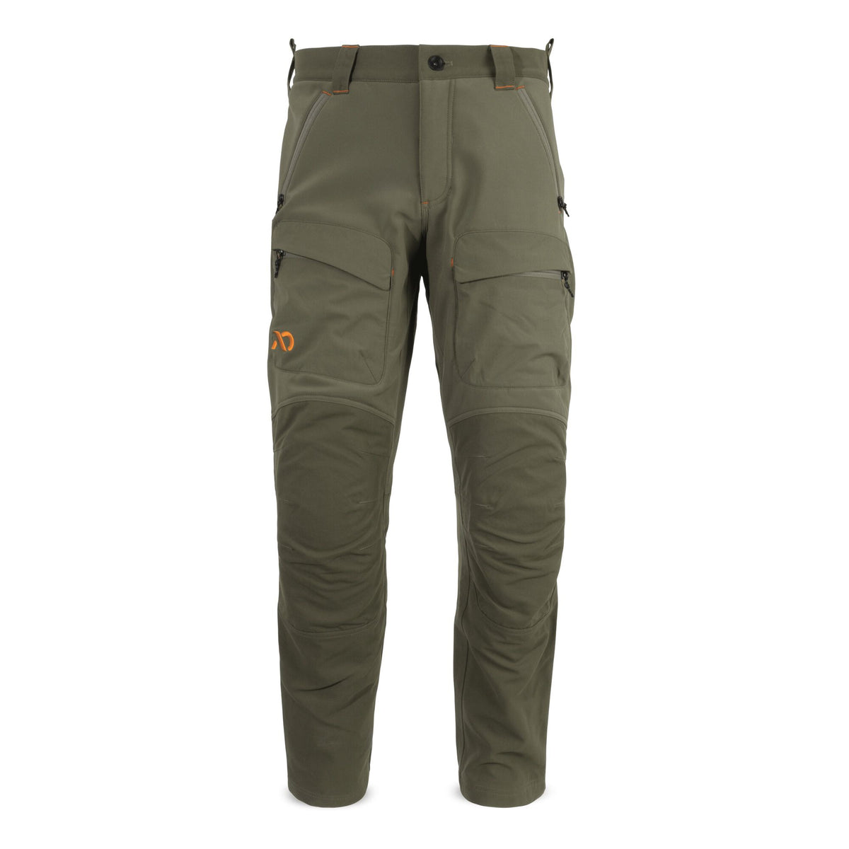 Olive green outdoor pants with multiple zippered pockets, an orange logo, and reinforced knee panels.