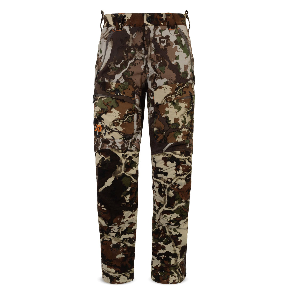 Camouflage pants featuring a brown, tan, and green pattern, multiple zippered pockets, and an orange logo on the left thigh.
