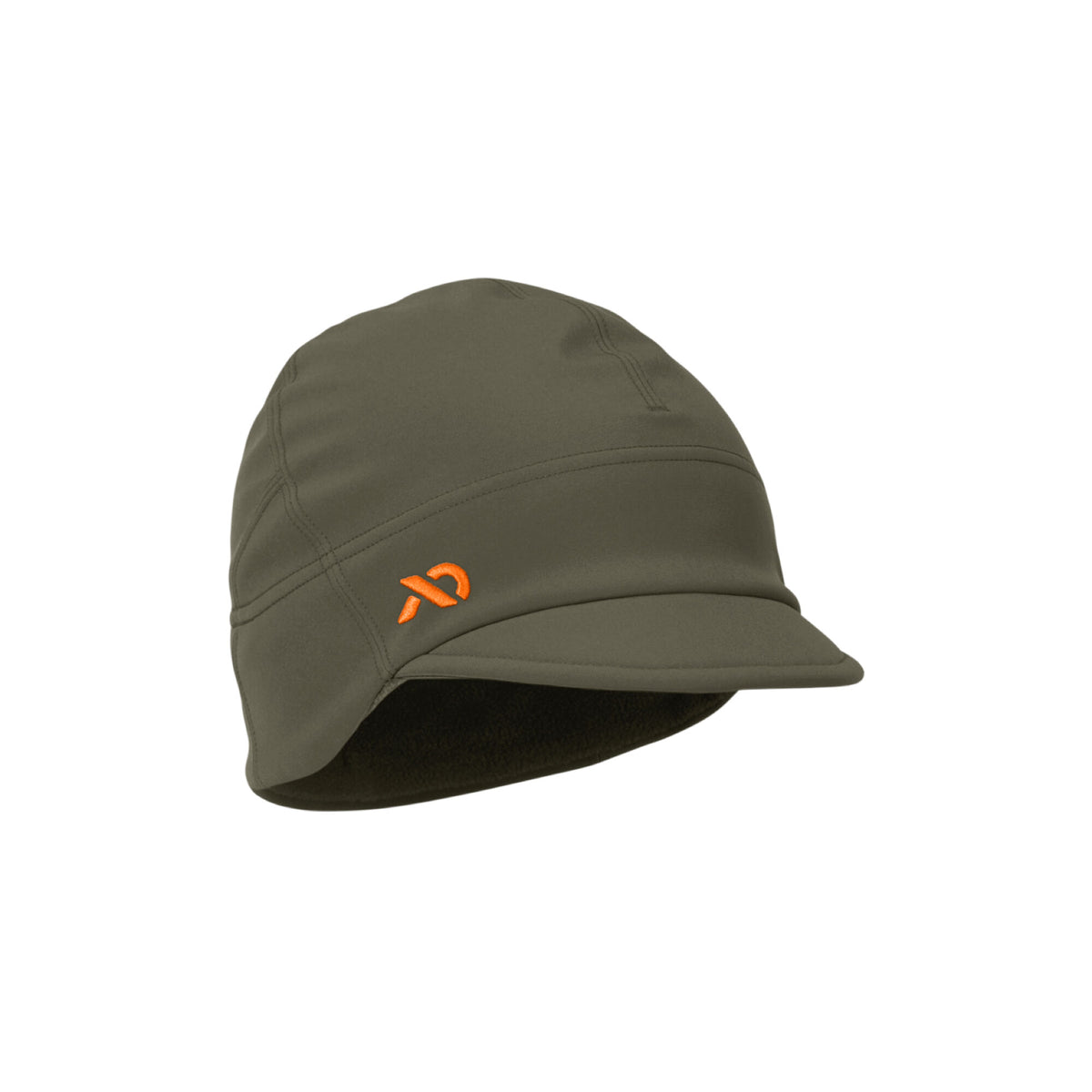 Olive green cold weather cap with a short brim, ear flaps, and an orange embroidered logo.