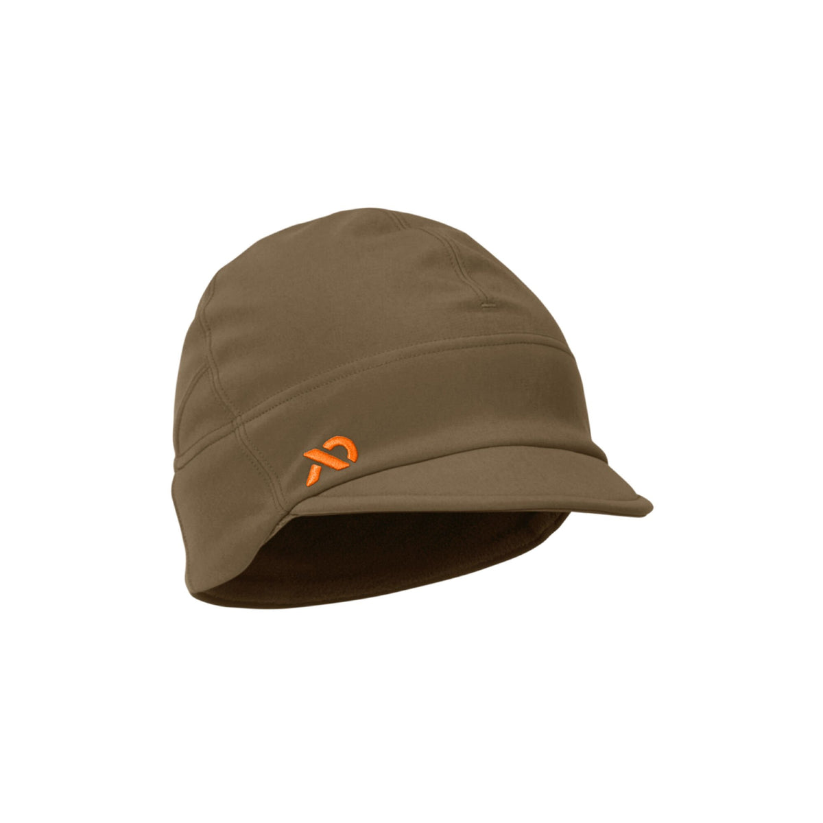 Olive cold weather cap with a short brim, ear flaps, and an orange stylized logo.