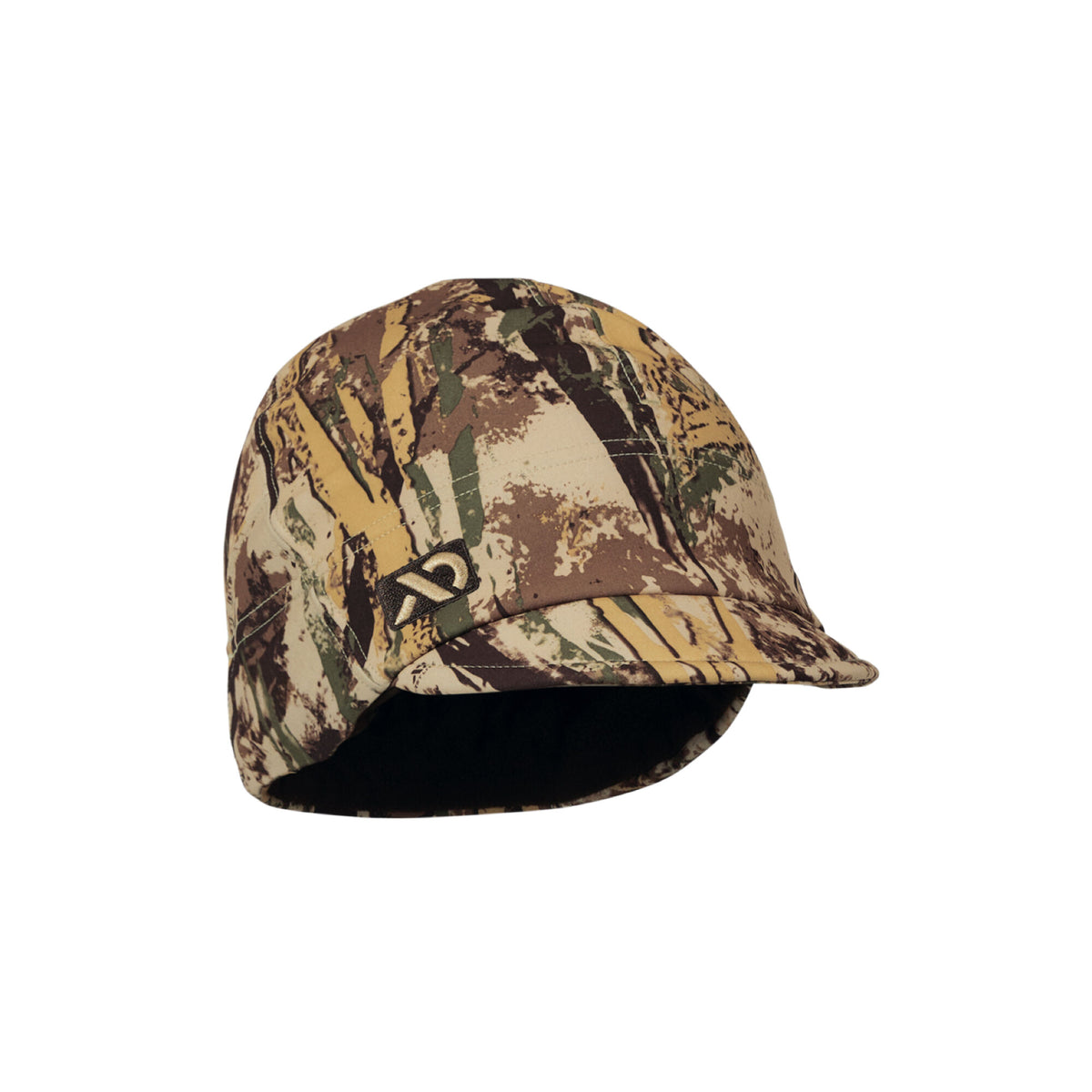 A camouflage cap with a short brim, warm integrated ear coverage, and an embroidered logo on the front.