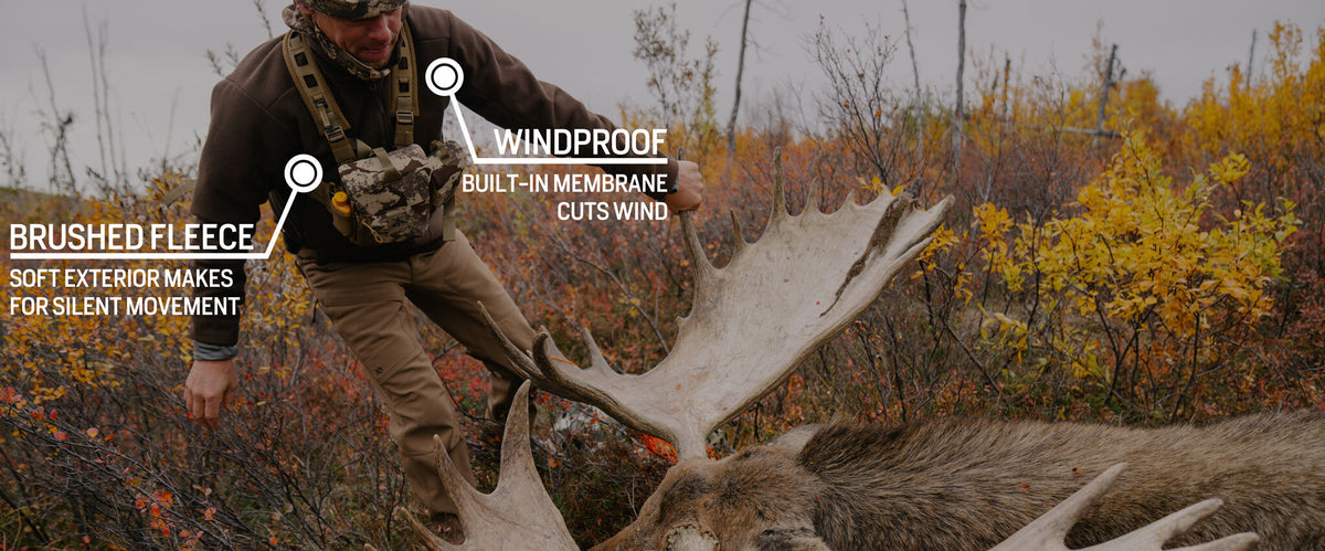Brown brushed fleece windproof jacket on a hunter.