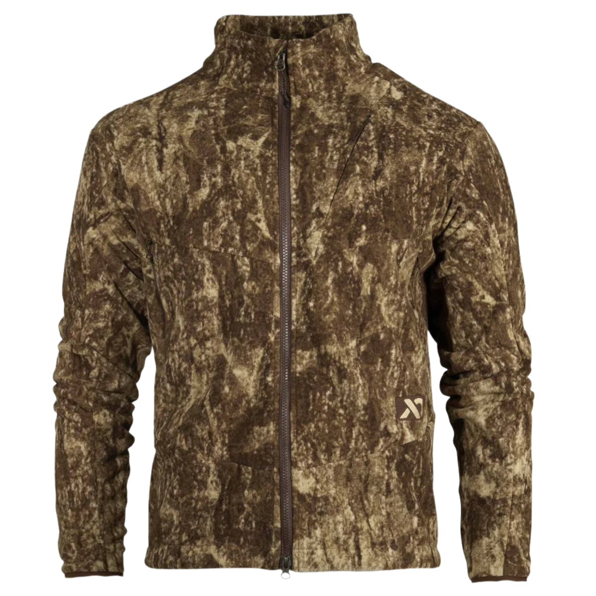 Brown and tan camouflage fleece jacket with a full-zip front, stand-up collar, diagonal chest pocket, and X logo.
