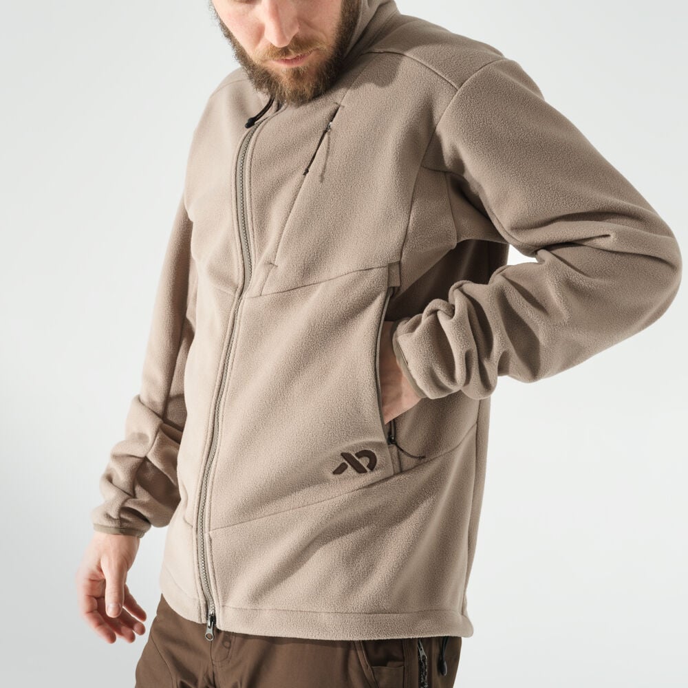 Tan full-zip fleece hoodie with zipped chest and hand pockets.