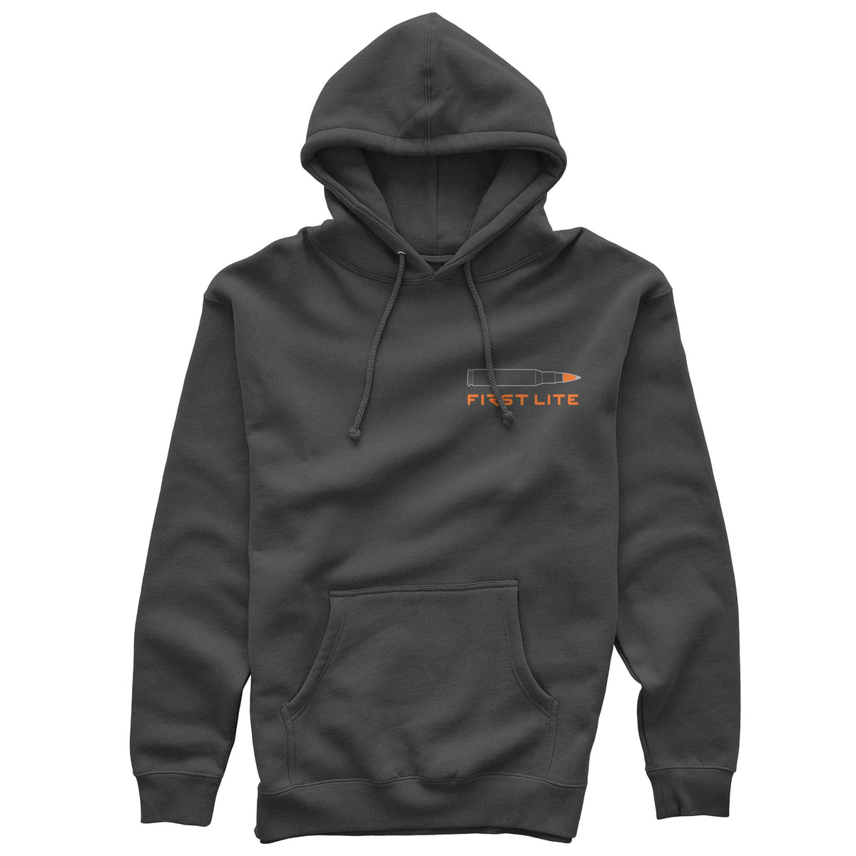 Dark grey hoodie with drawstrings, a kangaroo pocket, and an orange bullet outline graphic above 'FIRST LITE' text.
