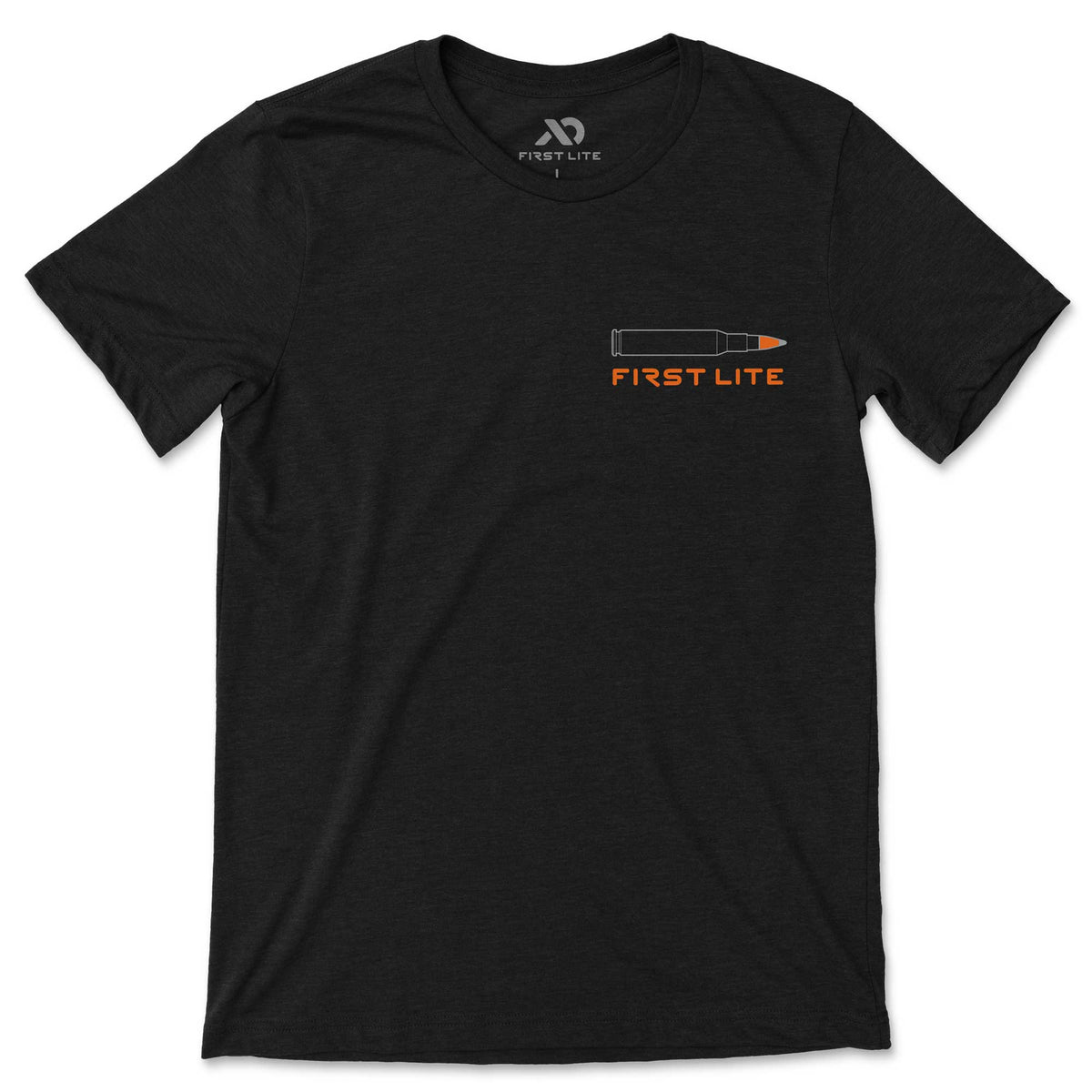Black t-shirt with a white outline bullet graphic featuring an orange tip, and orange "FIRST LITE" text on the chest.
