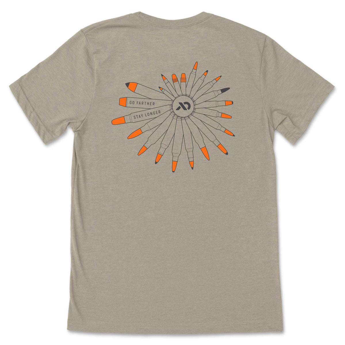 Heather tan t-shirt with a back graphic featuring a circular design of orange-tipped bullet cartridges, text 'GO FARTHER' and 'STAY LONGER', and a black stylized logo.