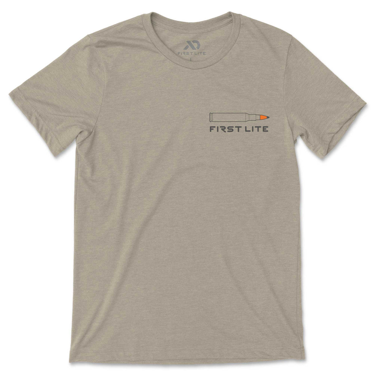 Tan short-sleeve t-shirt featuring a black outline bullet graphic with an orange tip and "FIRST LITE" text on the chest.