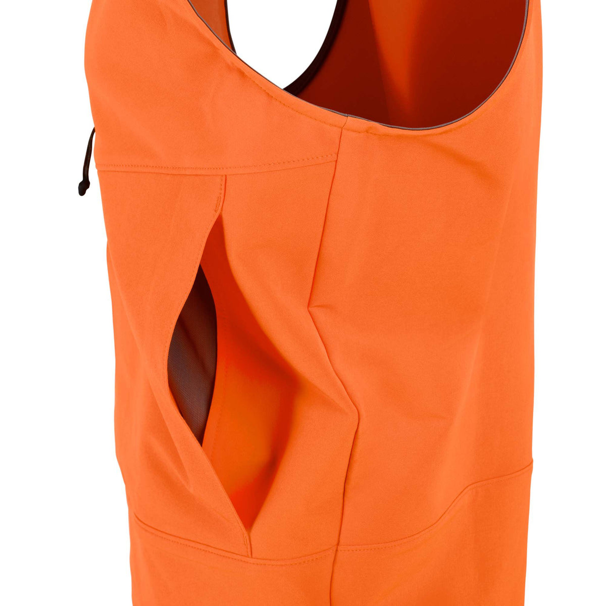Bright orange vest with a deep neckline, a large side opening exposing dark mesh lining, and a black pull cord.