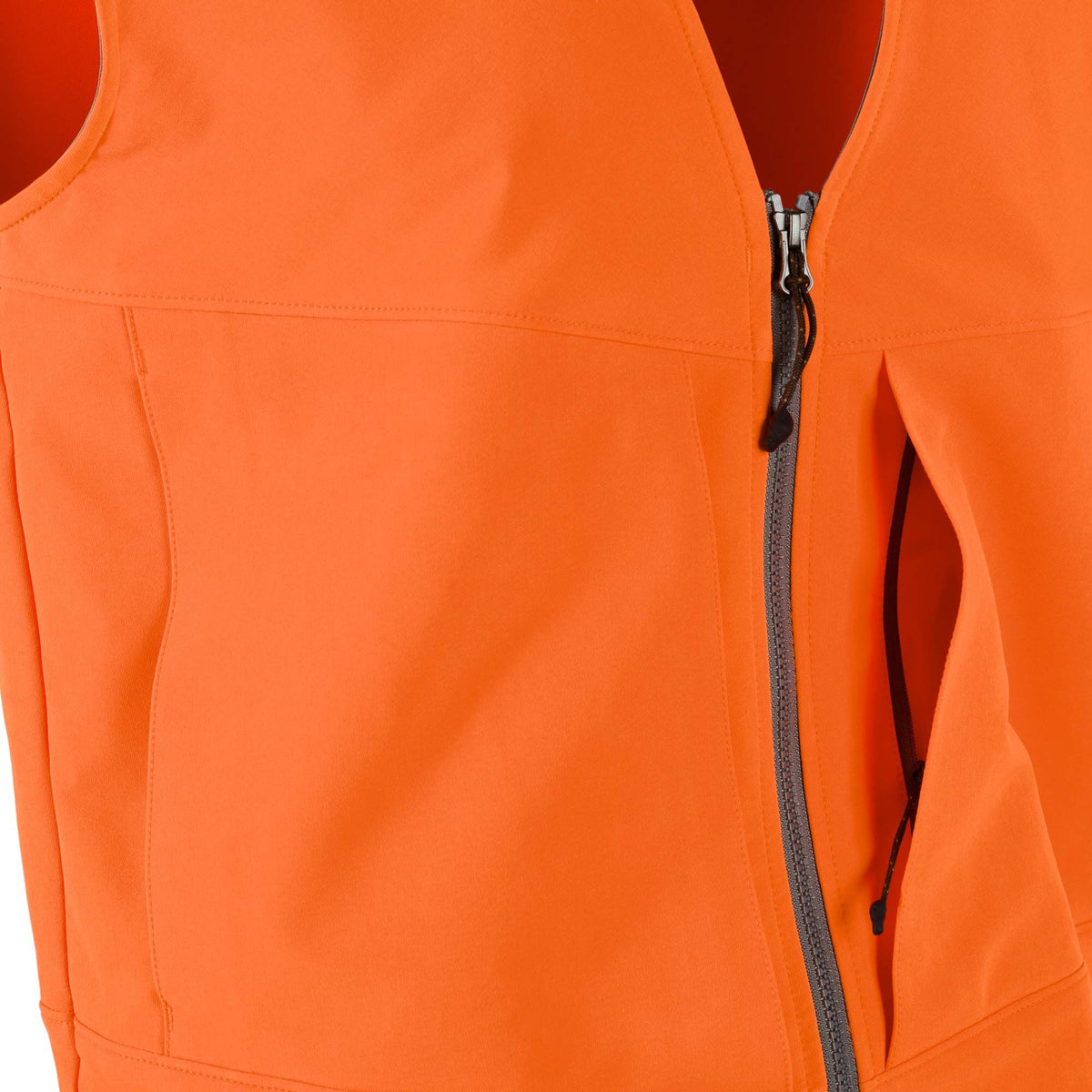 Bright orange vest with a partially unzipped grey front zipper and an open side pocket revealing a black drawstring.