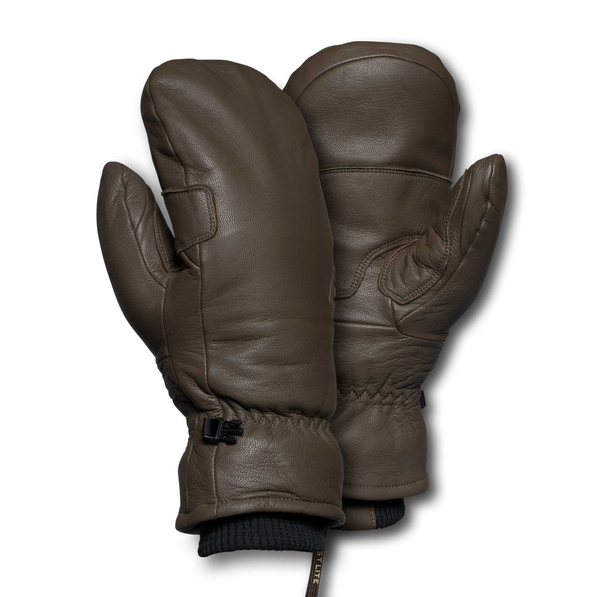 Dark brown leather mittens with adjustable wrist straps and black ribbed knit cuffs.