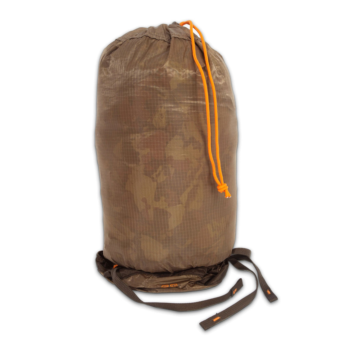 Brown ripstop stuff sack with subtle camo pattern, orange drawstring closure, and dark brown compression straps.