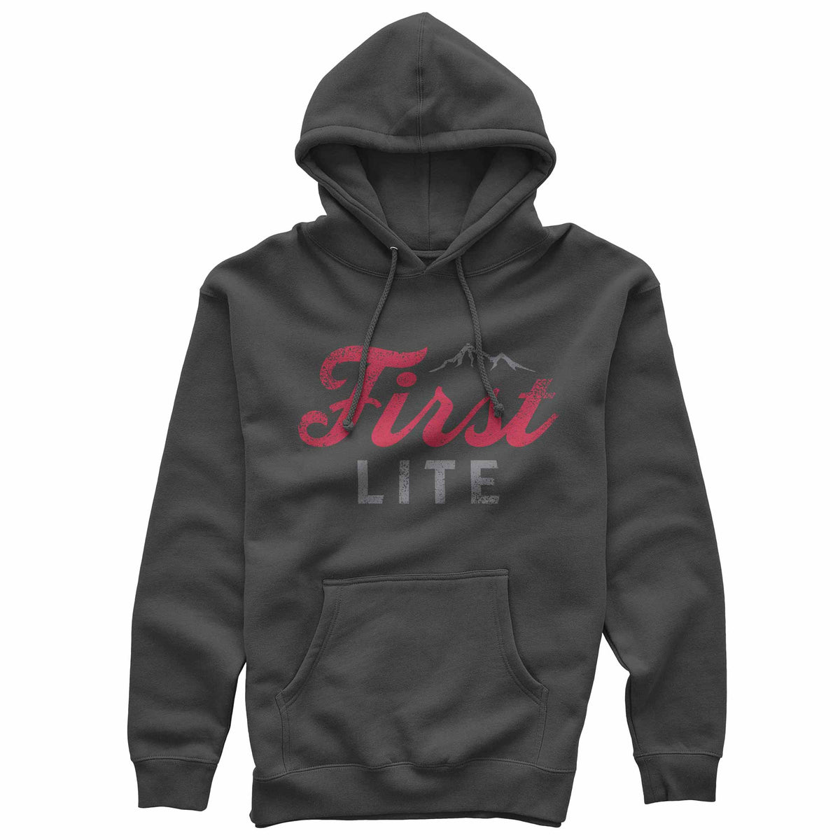 Charcoal hoody with red and gray 'First Lite' logo with mountain peak in the background