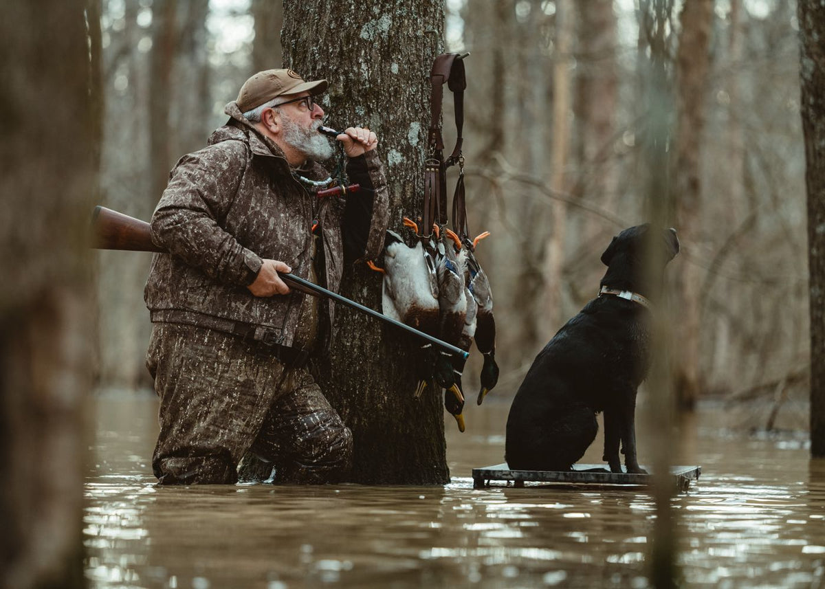 Hunter in brown camo jacket & waders with shotgun, duck call, dog, and retrieved ducks.