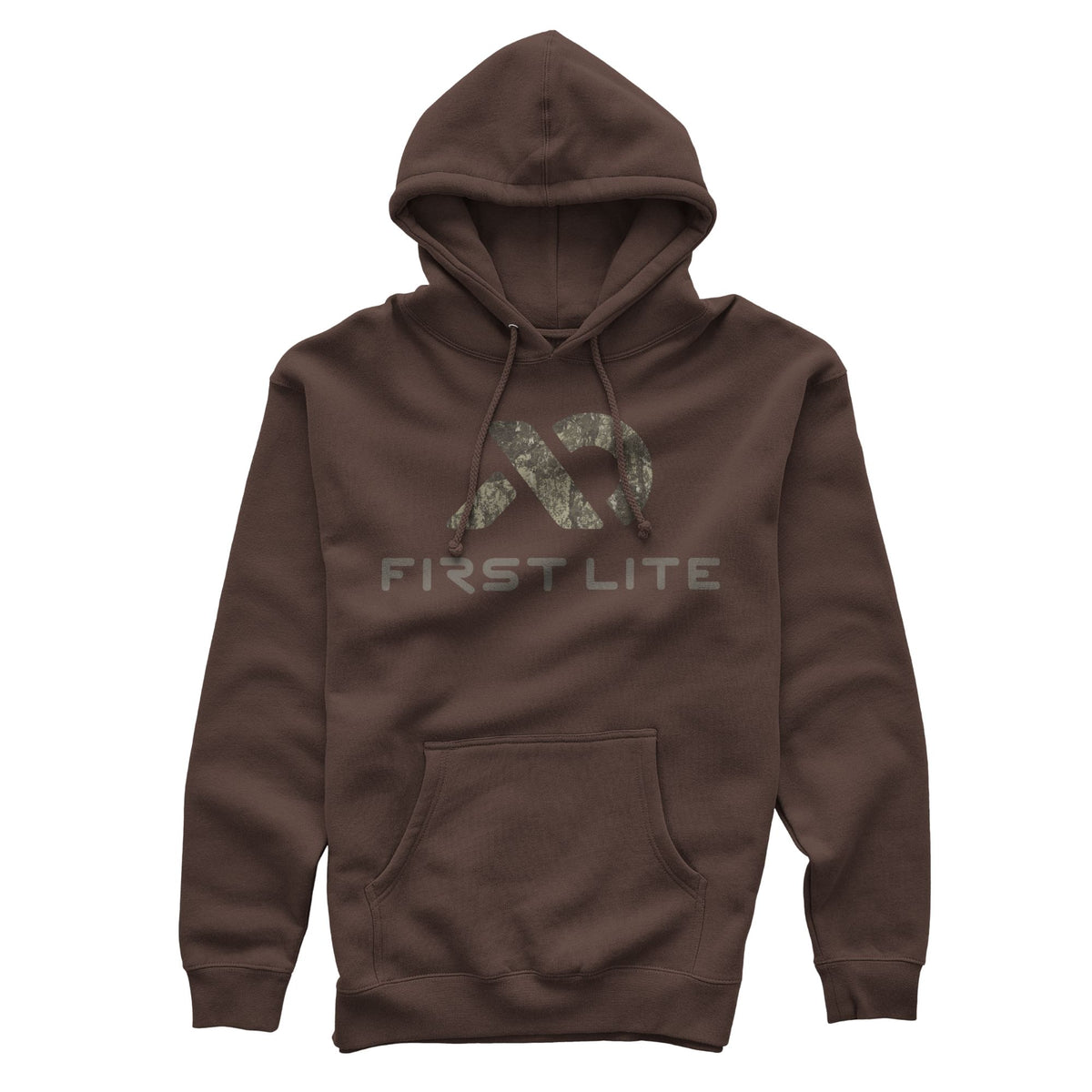 Dark brown hoodie with a drawstring hood and kangaroo pocket, featuring a camouflage abstract logo above "FIRST LITE" text.