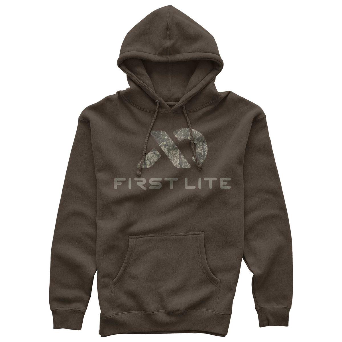 Brown hoodie with a drawstring hood and kangaroo pocket, featuring a camouflage abstract logo above "FIRST LITE" text.