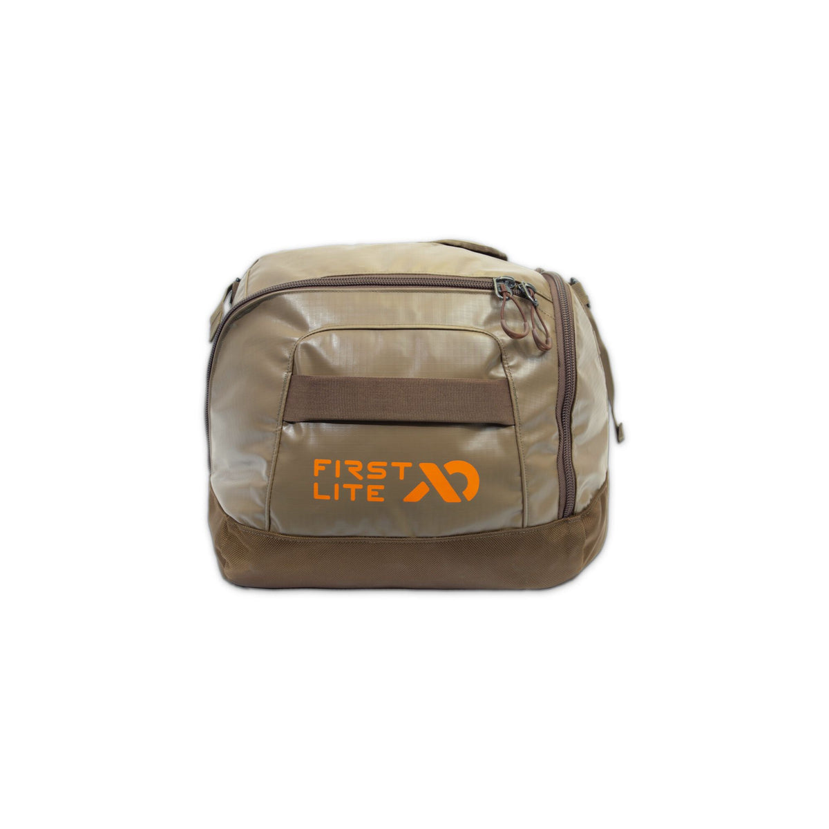 Tan and brown First Lite dopp kit with orange logo and front zippered pocket.