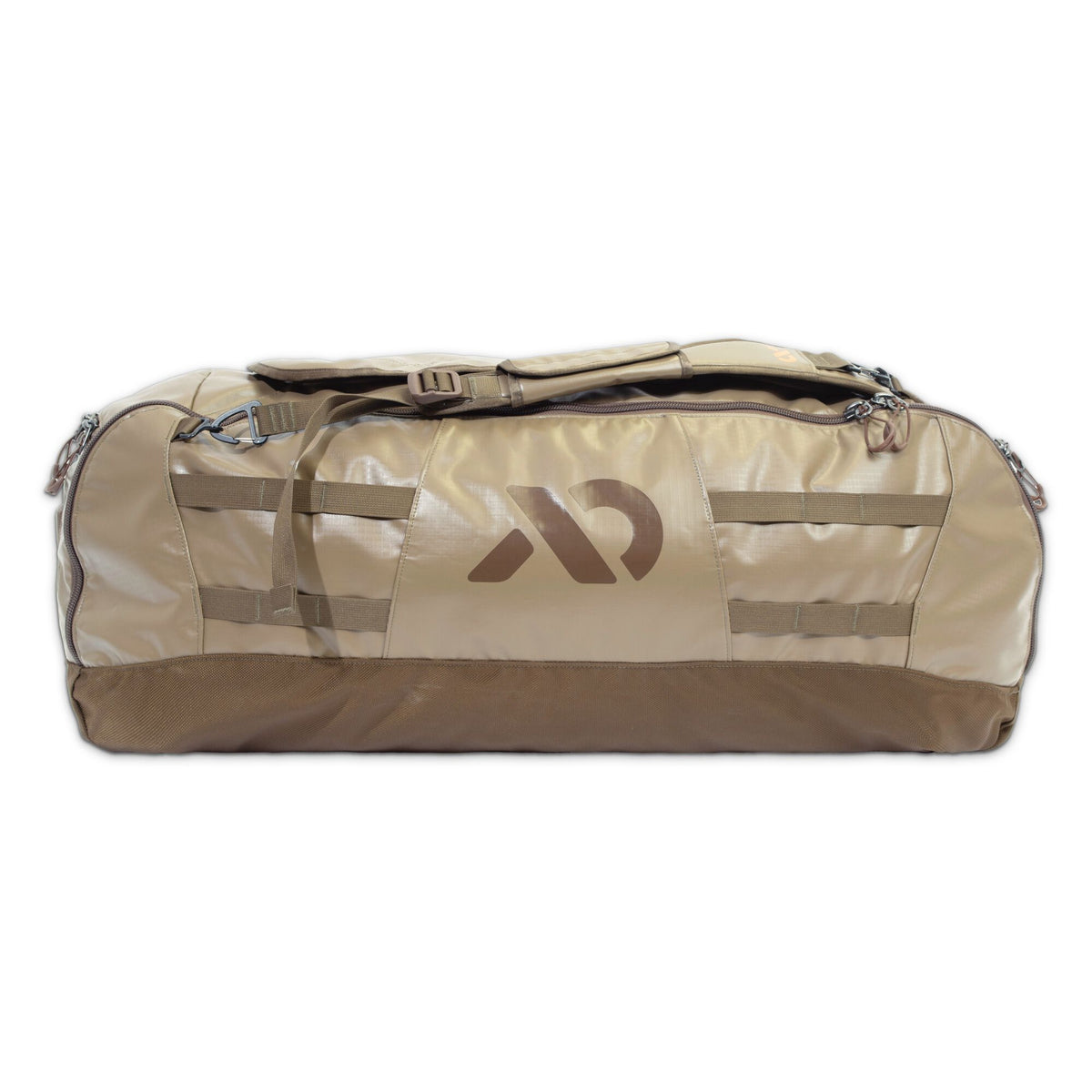 Khaki and brown durable duffel bag with a prominent stylized logo, side webbing, and top zippers.