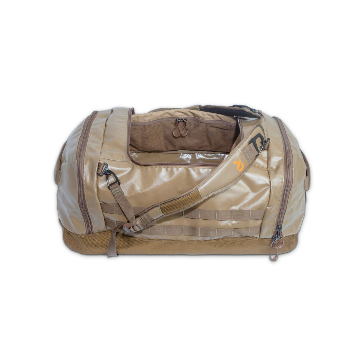 Two-tone tan and brown duffel bag with a glossy finish, open top revealing mesh pockets, external zippered compartments, MOLLE webbing, and a detachable shoulder strap with an orange logo.