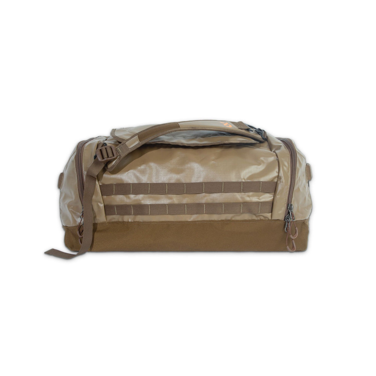 Tan duffel bag with a dark brown base, top carry handle, zippered end pockets, and front webbing.
