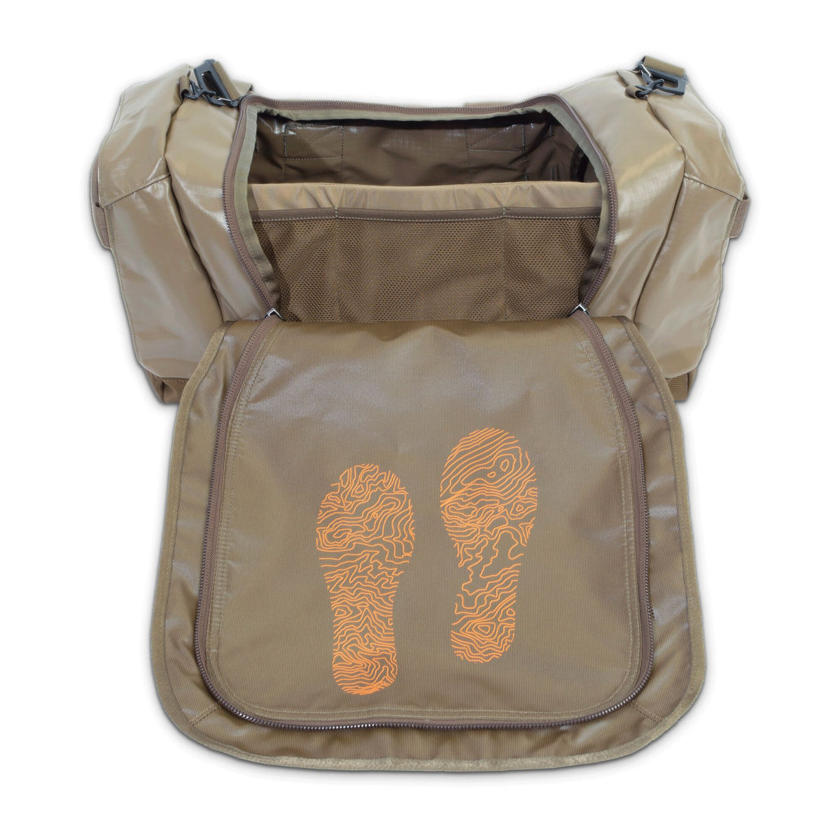 Open tan duffel bag showing an interior mesh pocket and two orange topographic map footprint designs on the inside flap.