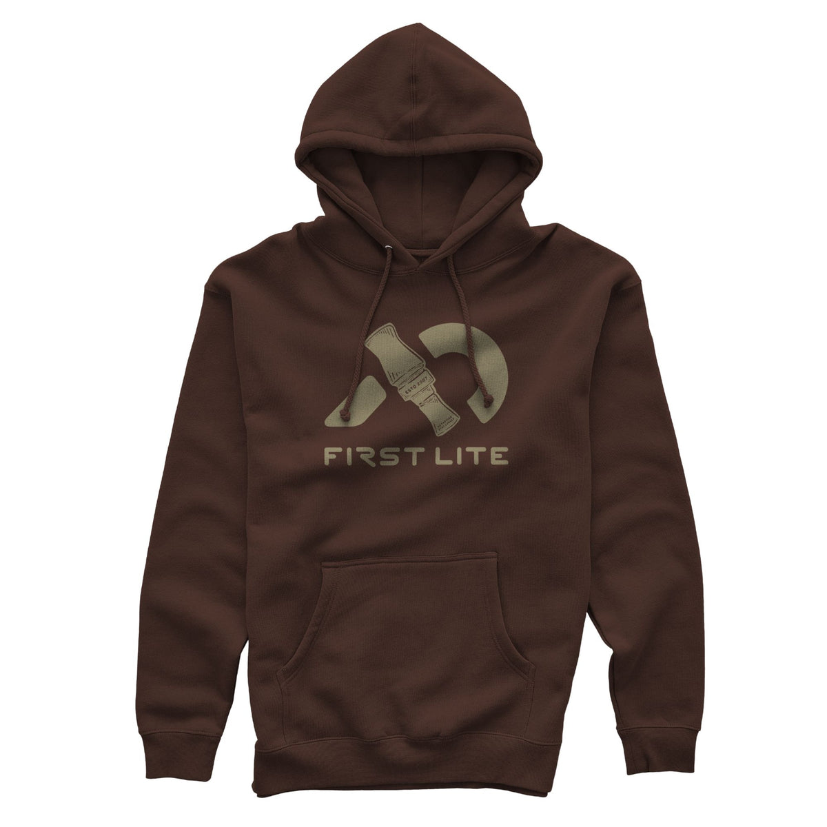 Brown hoodie featuring drawstrings, a kangaroo pocket, and a ligth green graphic of a duck call with "FIRST LITE" text.
